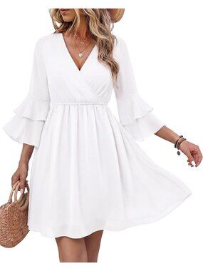 🆕 Women's White Chiffon Dress 3/4 Ruffle Sleeve V Neck Layered Summer Casual